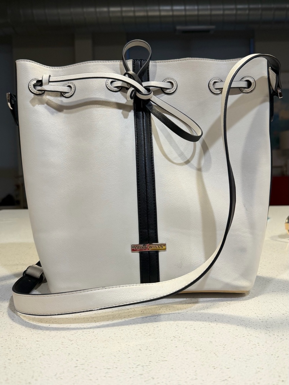 Jack Wills White and Black Drawstring Crossbody Tote